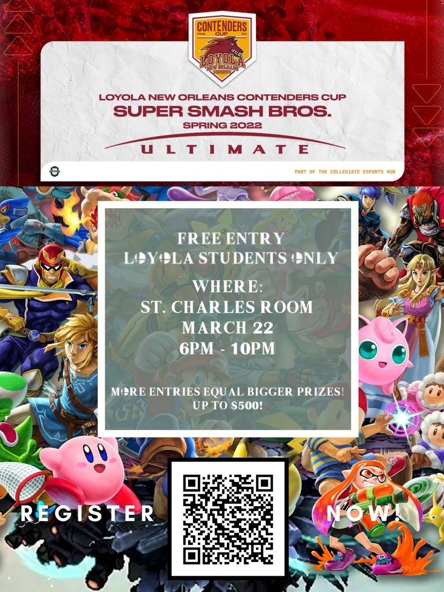 LoyolaWolfPack's tweet photo. Head coach Lumen Vera and the esports program is hosting a Smash Bros Ultimate tournament in St. Charles Room on March 22 6 p.m. - 10 p.m.

It's only for Loyola students, and you can signup here: https://t.co/D6hWxSoA3t

#GeauxPack https://t.co/FW0TvgmhYU
