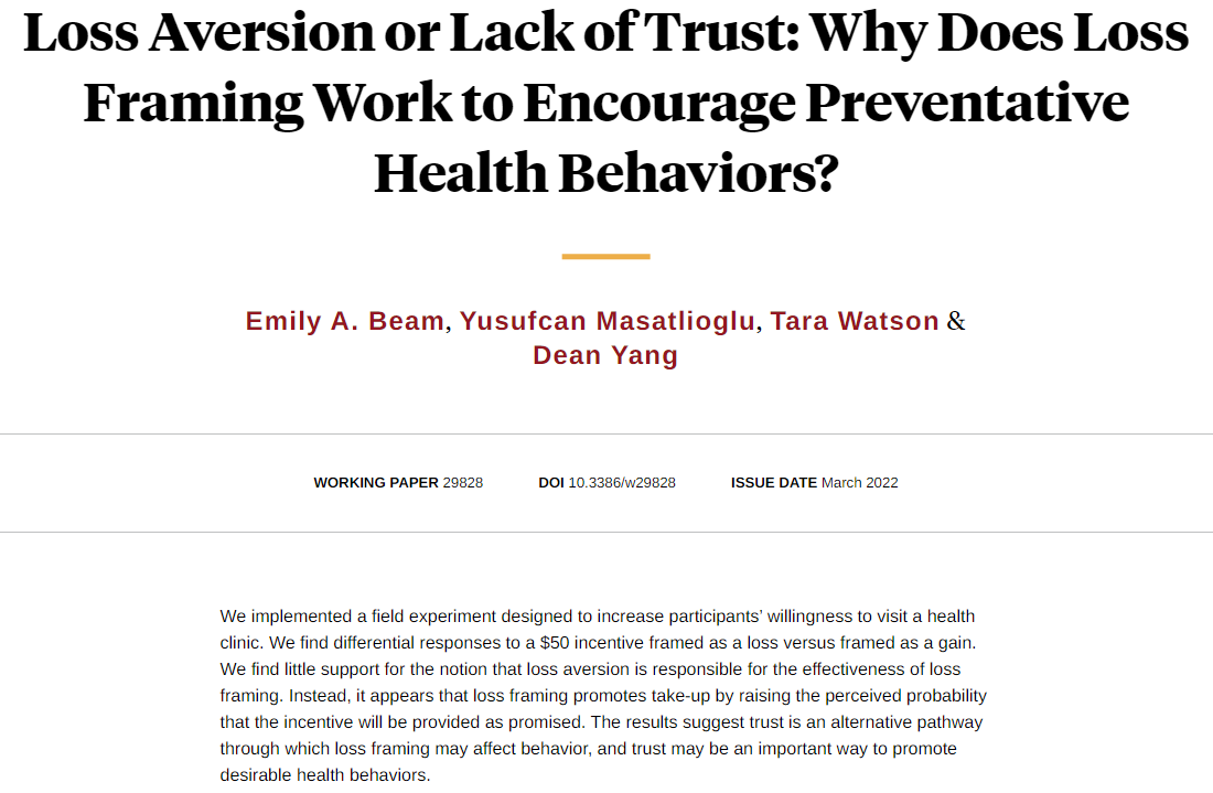 nberpubs's tweet photo. Loss framing makes incentives for health behaviors more effective by raising the perceived probability that the incentive will be provided as promised, from @emily_beam, Yusufcan Masatlioglu, @taraelizwatson, and @deanyang https://t.co/tapEO9acNQ https://t.co/CyZt4nlg1U