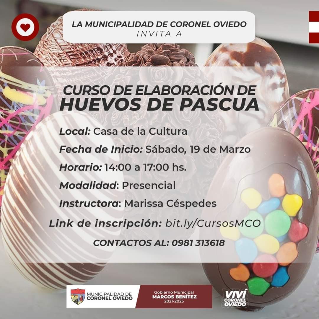 PrensaMco's tweet photo. Invitamos al Curso de Elaboración de Huevos de Pascua.

El único costo es la compra de ingredientes.

Ingresa al link e inscribíte!

https://t.co/OJiX2LofIK

#VivíCoronelOviedo https://t.co/wQ7xTfrlbB