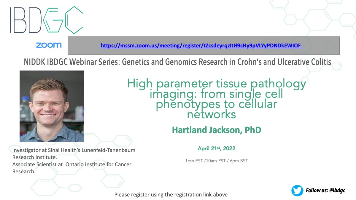 IBD Genetics Consortium (@ibdgc) on Twitter photo Please join us on April 21st at 1 pm ET as Dr. Hartland Jackson <a href="/hartjackson/">Hartland Jackson</a> discusses “High parameter tissue pathology imaging” in our #IBD webinar series on #Genetics and #Genomics research in #Crohn’s and #UC. See more details below. Register here: mssm.zoom.us/meeting/regist… Please join us on April 21st at 1 pm ET as Dr. Hartland Jackson <a href="/hartjackson/">Hartland Jackson</a> discusses “High parameter tissue pathology imaging” in our #IBD webinar series on #Genetics and #Genomics research in #Crohn’s and #UC. See more details below. Register here: mssm.zoom.us/meeting/regist…