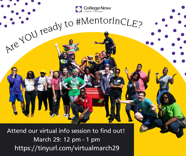 CuyahogaHHS's tweet photo. We just marked our calendar for March 29th at noon – join us in this virtual session to learn more about mentoring with College Now! https://t.co/lfJRW04dPx https://t.co/0a6ml1ExPt
