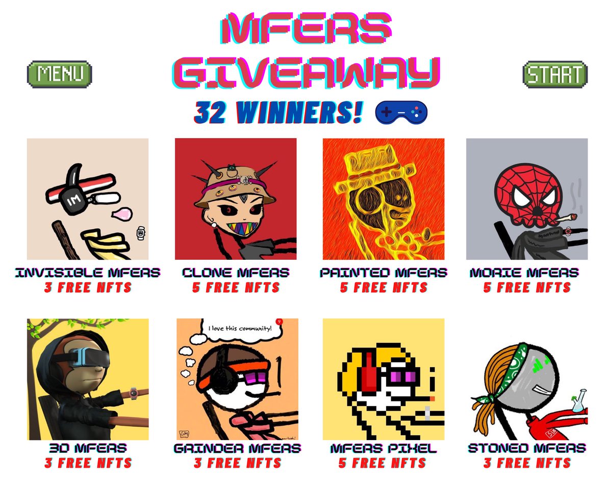 🏆 BIGGEST MFERS GIVEWAY! 🏆

This is a collab between several mfers projects with 32 chances to win!🔥

To enter:

1️⃣ Follow @invisibleMfers <a href="/CloneMfers/">Clone Mfersᵐᶠᵉʳ MINT IS LIVE!!!</a> <a href="/PaintedMfers/">Painted Mfers | MINT IS LIVE</a> <a href="/moriemfers/">Morie Mfers</a> @3d_mfers <a href="/Grinder_mfers/">Grinder Mfers (GM)</a> <a href="/mfers_pixel_/">mfers pixel | FREE MINTING LIVE</a> <a href="/StonedMfers/">Stoned Mfers 💨 Free Minting Live 💨</a>

2️⃣ RT+Like+Tag 3 mfers

72 hours ⏰
#mferverse