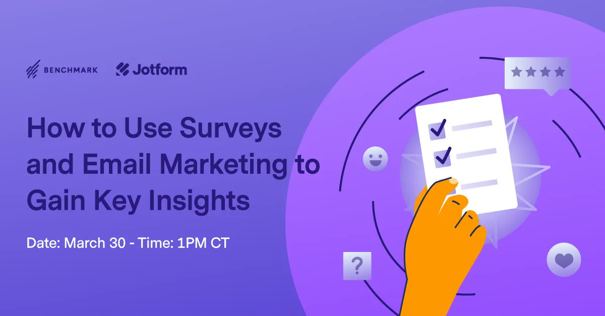 BenchmarkEmail's tweet photo. ✨Save the date!✨ New #BenchmarkLive ! Have you experienced the power of what customer surveys can do for your business?
Join us on Wednesday, March 30, for our webinar with Jotform! Register here: https://t.co/RaozaohQAU https://t.co/ivlnVyeNv6