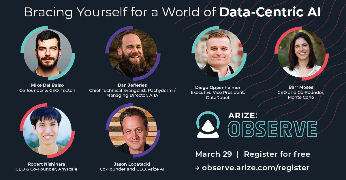 anyscalecompute's tweet photo. Anyscale's @robertnishihara will be at Arize:Observe on March 29, presented by @arizeai. Robert will be sharing insights on bracing yourself for a world of data-centric AI. Learn about the world of #MLObservability in this free virtual event! Register now: https://t.co/s65SFuozAy https://t.co/ADiWNRbNEv