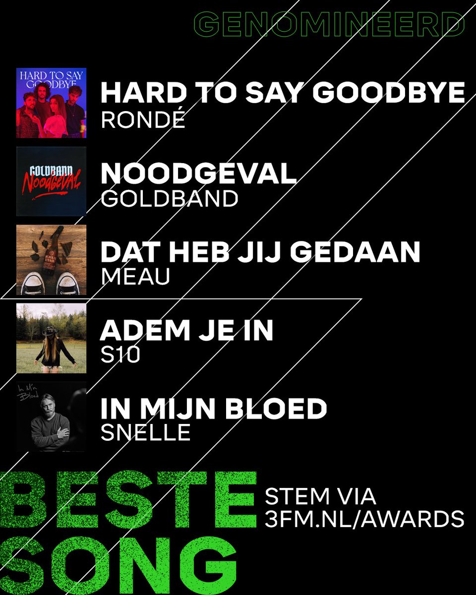 3FM's tweet image. Welke van deze liedjes was de beste van het afgelopen jaar? De keus is aan jou! Wie wint de 3FM Award voor 'Beste Song'? 💚

→ Stem nu op één van de genomineerden via 3FM.nl/Awards! #3FM #3FMAwards
