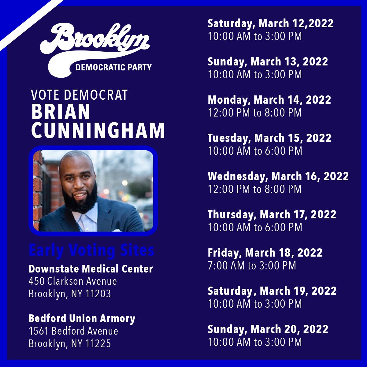 bkdems's tweet photo. Brooklyn, it’s time to use your voice!

There are no politics more important than local politics.

Polls are open all week, so come out and vote for @cunningham4ny!

#bkdems #briancunningham https://t.co/hp7NPf2uuM