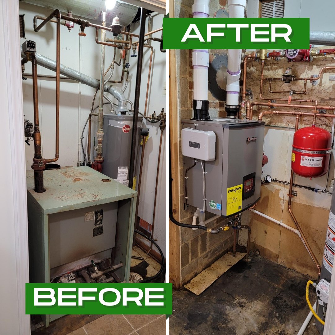 cartershvac's tweet photo. This old boiler was long overdue for a replacement. We also flushed the radiators and piping to ensure good water flow in this home, making this residence comfortable and work more efficiently with the new system! #before #after #beforeandafter #boiler #replacement #radiator https://t.co/dEkEEO2GLf