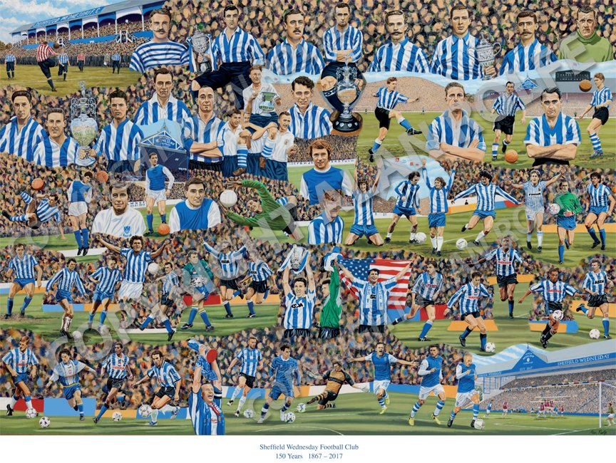 Still available Sheffield Wednesday 150 years painting by Alan Rolfe. £30 Significant moments in the clubs history are illustrated. Includes a diagram of all the players’ names. Available as a superb fine art print click on the link alanrolfeartist.co.uk <a href="/Owlstalk/">OWLSTALK.CO.UK ⚽️</a> #WAWAW