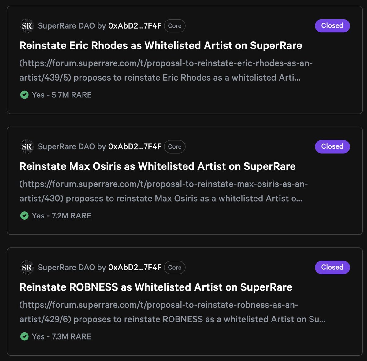 Hace un tiempo, echaron al artista Robness de <a href="/SuperRare/">SuperRare</a> y algunos usuarios de la plataforma propusieron en la #DAO llevarle de vuelta a él y a otros artistas.

Con una gran cantidad de votos a favor, los usuarios han conseguido que estos artistas vuelvan.

#NFTesp #NFTs #NFT