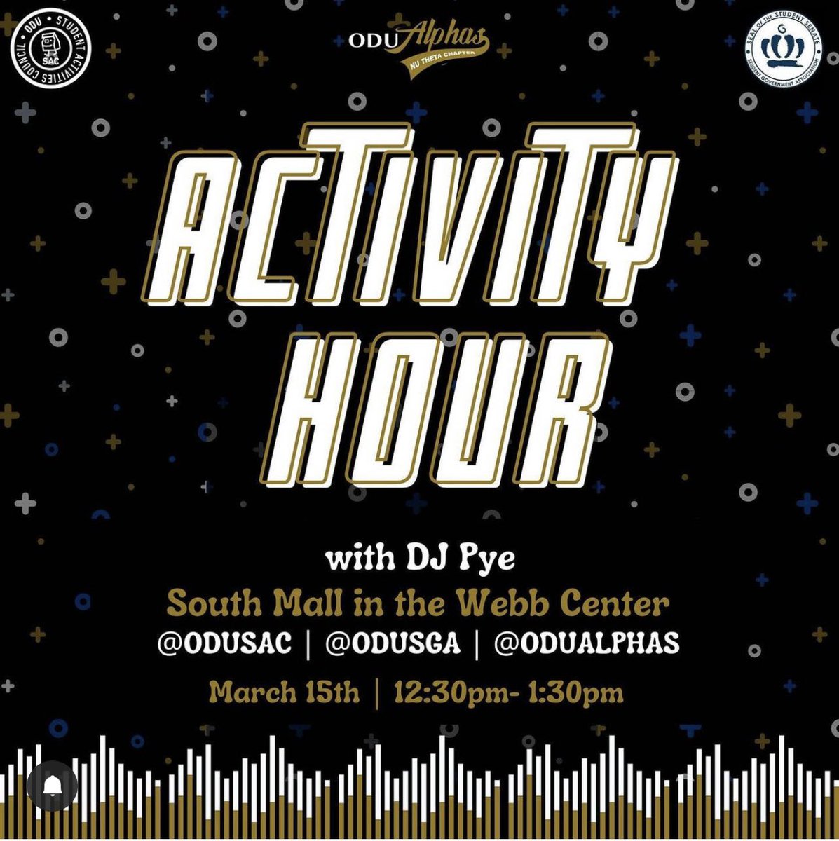 Hello Monarchs🗣! Come out tomorrow, TUESDAY 12:30-1:30 for activity hour hosted by ODU SGA, @odusac, and @odualphas 

With @iamdjpye

There will be free giveaways!! We can’t wait to see you there 👏.