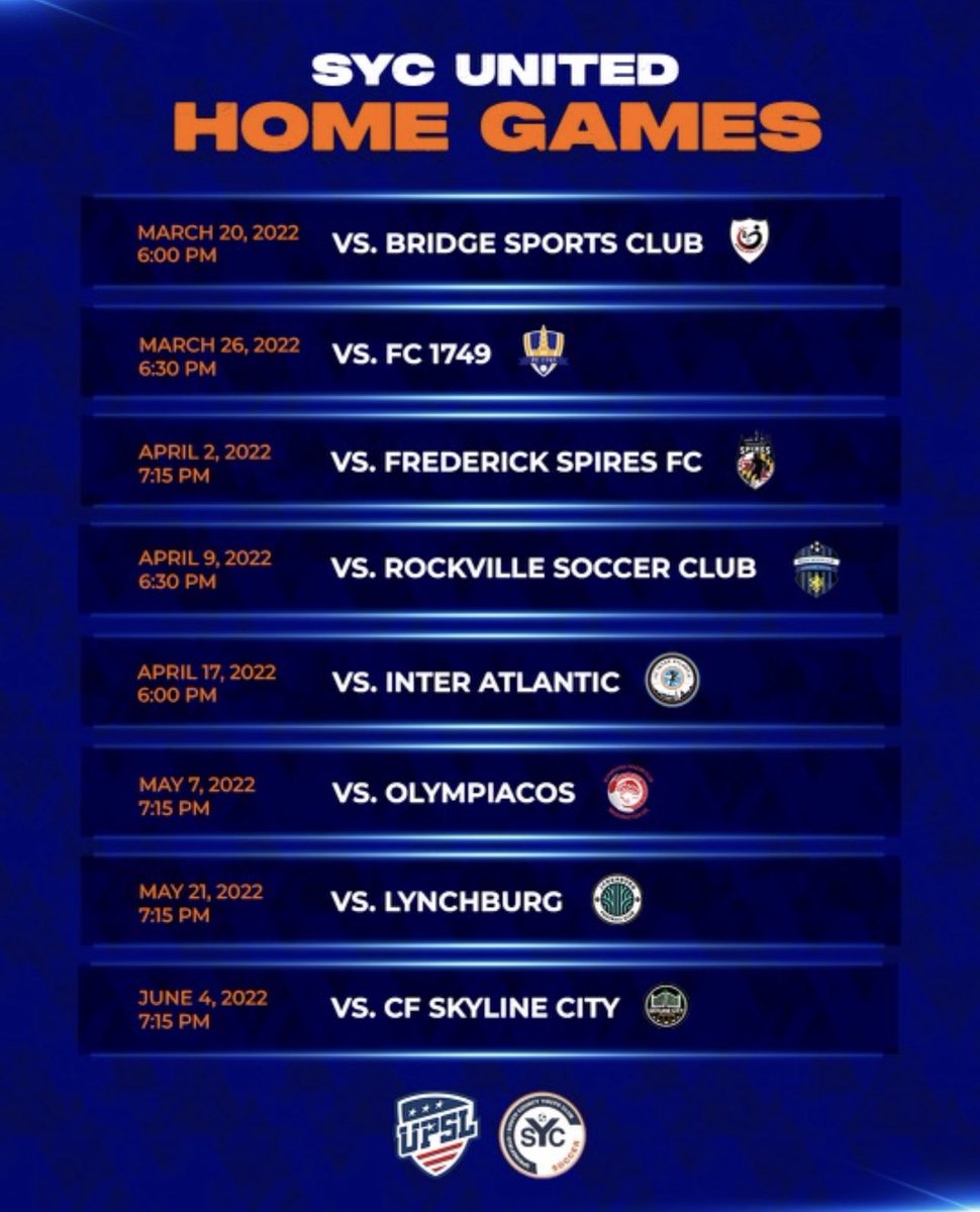 Announcing our SYC <a href="/UPSLsoccer/">UPSL</a> Home schedule with all of our games being at West Springfield HS Stadium!  

If teams want to fundraiser at home games, these are home games schedule  or contact JonahanRomero@sycva.com👇

#WeAreSpringfield 🟧🟦