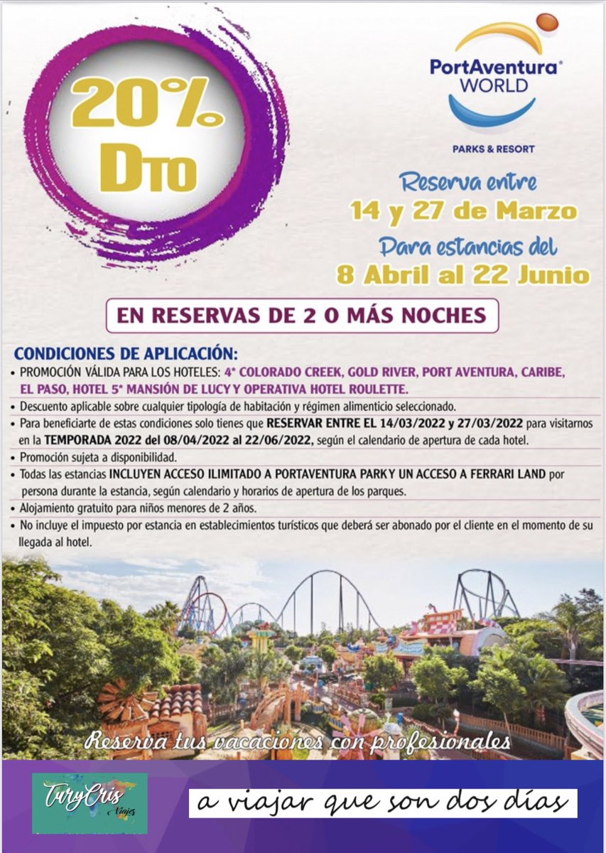 ViajesTuryCris's tweet image. 🎢 APROVÉCHATE DEL DESCUENTO DE PORTAVENTURA Y VE A PASÁRTELO EN GRANDE 

➡️ Podéis consultar sin compromiso en el 📲628733335 o por 💻 info@viajesturycris.com
📍Avda. Mar Mediterráneo 79, Valdemoro - Madrid

#viajesturycris #aviajarquesondosdías