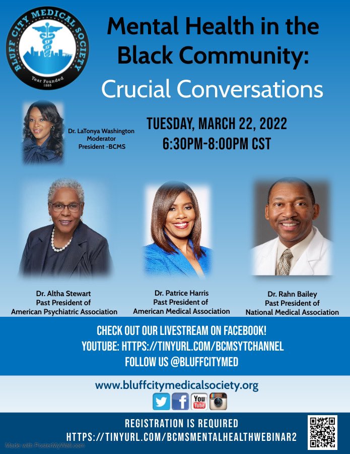 BluffCityMed's tweet photo. Join Bluff City Medical Society for this much needed conversation! We've reconvened the Top 3 Black Psychiatrist in the country to have a Crucial Conversation about Mental Health in the Black Community! 
Register here! 
https://t.co/UOps8KFVR0 https://t.co/5BZDnBC9d2