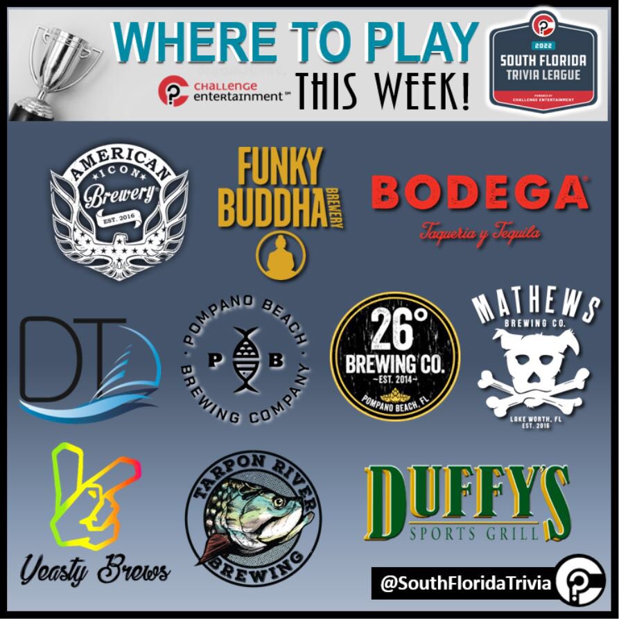 SouthFLTrivia's tweet photo. 3/14 - 3/17 SOUTH FL - Weekly 𝐖𝐇𝐄𝐑𝐄 𝐓𝐎 𝐏𝐋𝐀𝐘 #LiveTrivia &amp; #Singo!!! See thread for entire schedule. Plan your PLAY &amp; WIN for the whole week! 

*Subject to adjustments. FOLLOW our FB page for alerts to changes.

FREE to play, yours to WIN with #SouthFloridaTrivia https://t.co/QOsMH9G4mw