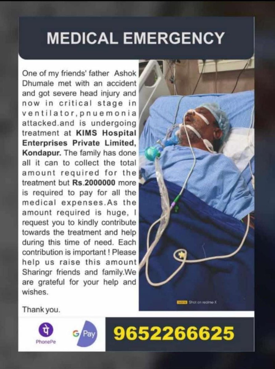 Bhaskar23387548's tweet photo. A Banker who helped public at Pandemic times, now he is in need of your support. Please help his father. 
@KTRoffice @KTRTRS @TelanganaCMO @MJRTRS @SonuSood https://t.co/ynjam5VBqg
