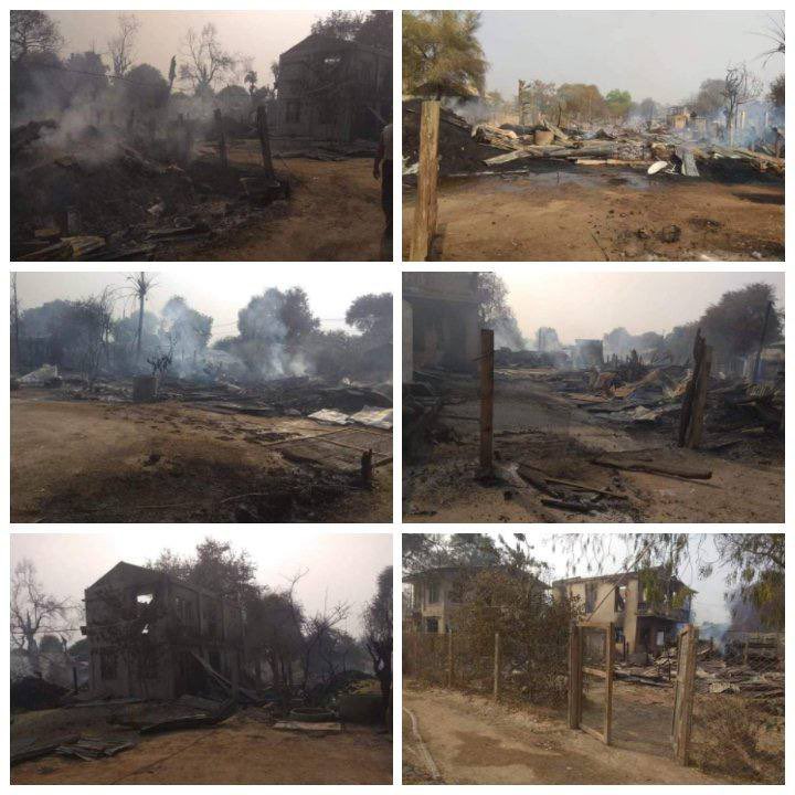 sonya_burma's tweet photo. ShweHlae village in Chaung-U, Sagaing Division, was raided and about 100 house were set on fire by PyuSawHtee around 6am today. They also shot dead a man who was trying to flee with his tractor. #2022Mar14Coup #WhatsHappeningInMyanmar https://t.co/i3EvsUSpvb