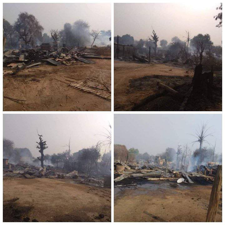sonya_burma's tweet photo. ShweHlae village in Chaung-U, Sagaing Division, was raided and about 100 house were set on fire by PyuSawHtee around 6am today. They also shot dead a man who was trying to flee with his tractor. #2022Mar14Coup #WhatsHappeningInMyanmar https://t.co/i3EvsUSpvb