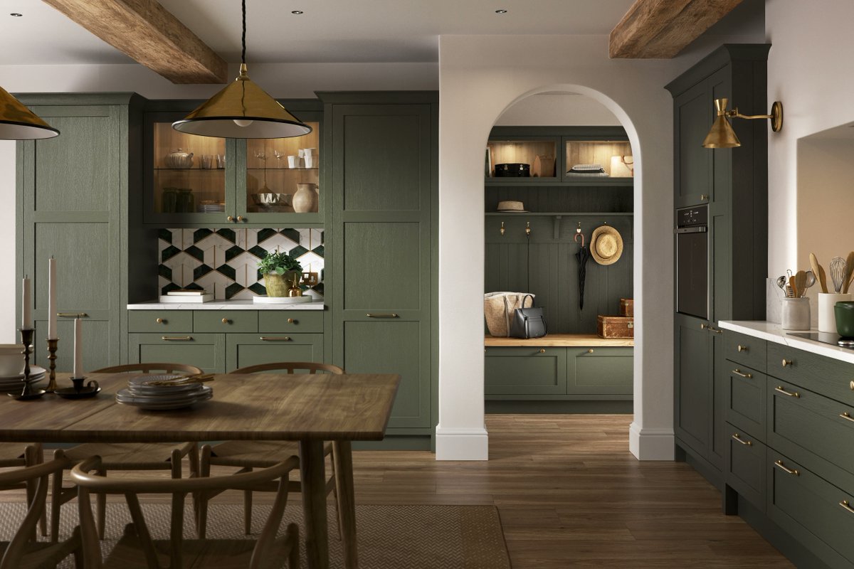 PikcellsUK's tweet photo. This #CGI of a dusky green #Shaker kitchen received a lot of praise last week, so here are more #renders featuring larder storage & the #utilityarea. Additional cameos images are increasingly popular, allowing our clients to display #cabinetry outside the main kitchen space. https://t.co/hQxJzJcAX7