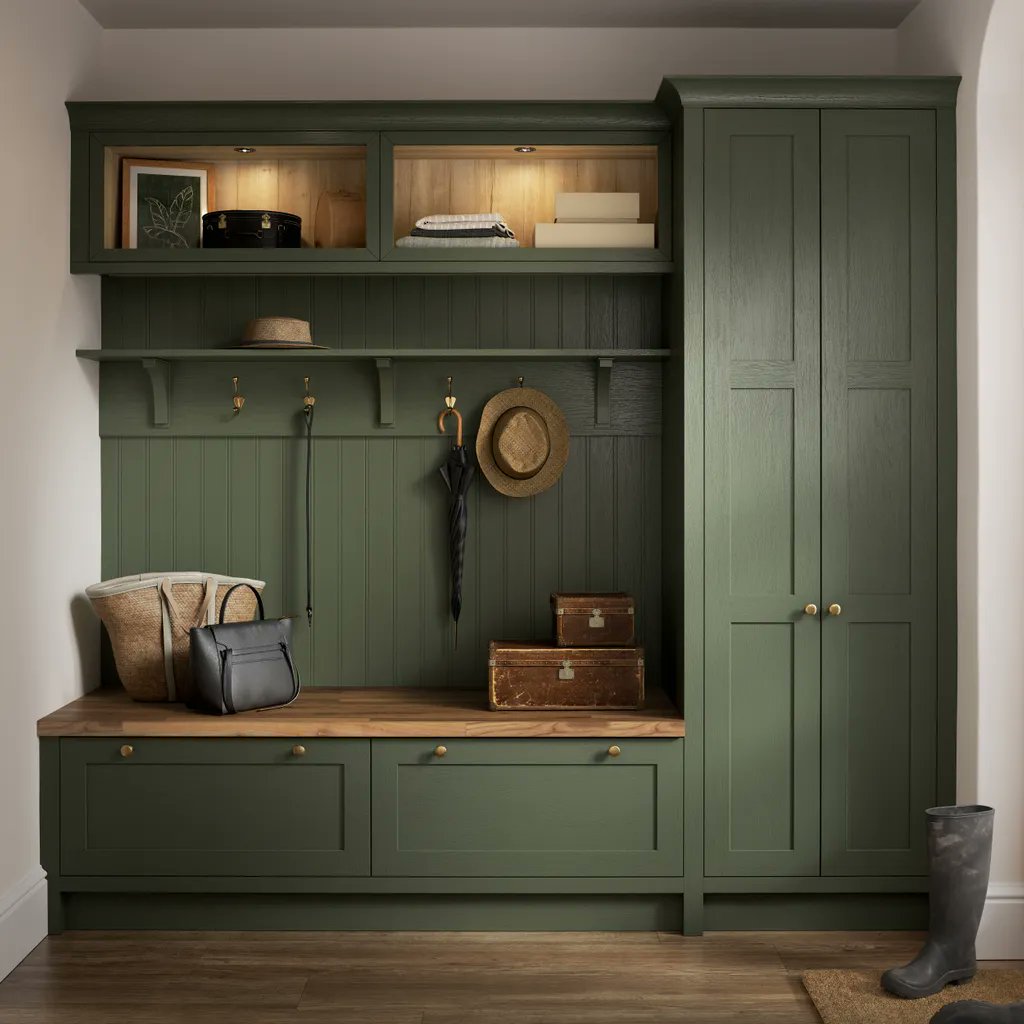 PikcellsUK's tweet photo. This #CGI of a dusky green #Shaker kitchen received a lot of praise last week, so here are more #renders featuring larder storage & the #utilityarea. Additional cameos images are increasingly popular, allowing our clients to display #cabinetry outside the main kitchen space. https://t.co/hQxJzJcAX7