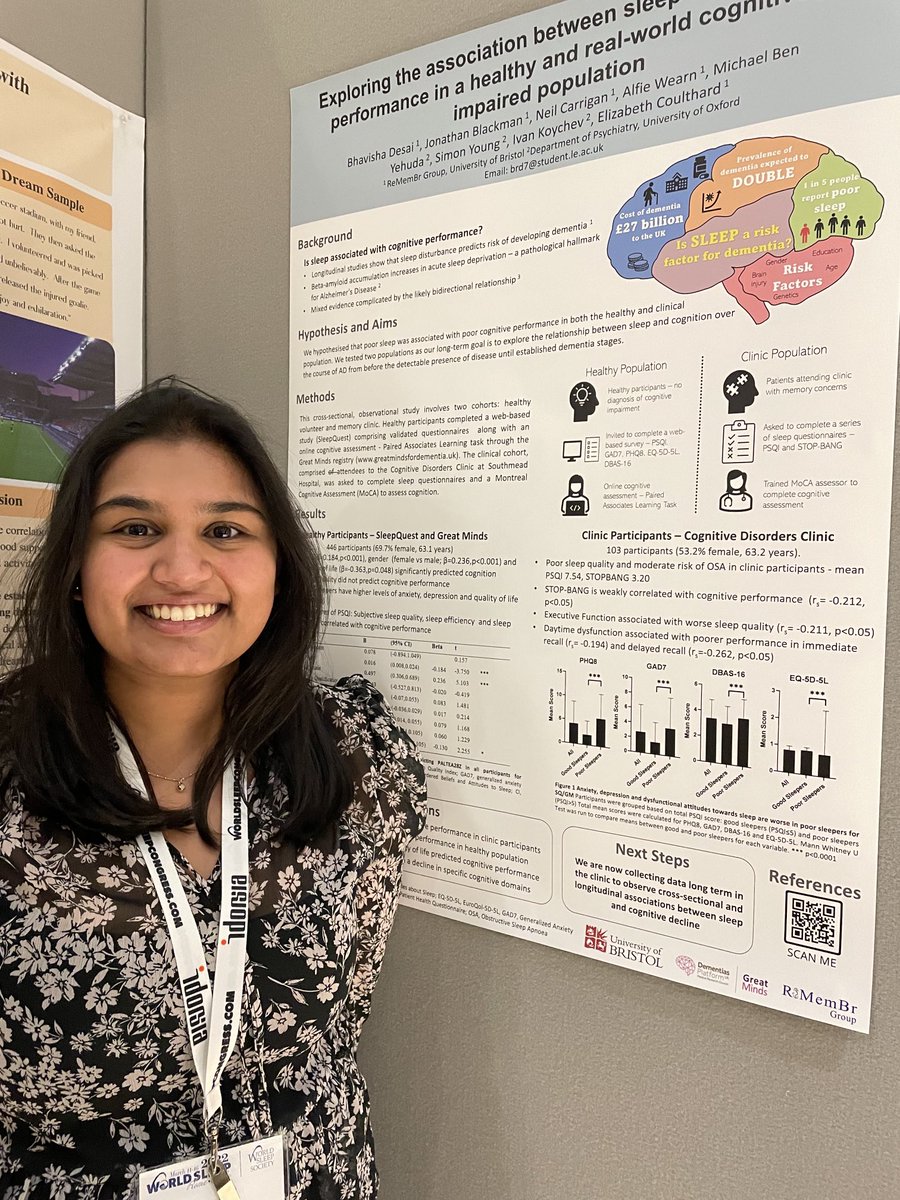 Bhavisha Desai presenting data on the association between cognition and sleep in healthy older people and dementia clinic patients. Highlights link between cognitive complaints and sleep apnoea. Fantastic work - well done Bhavisha! ⁦<a href="/ReMemBrGroup/">ReMemBr Group</a>⁩ #worldsleep2022