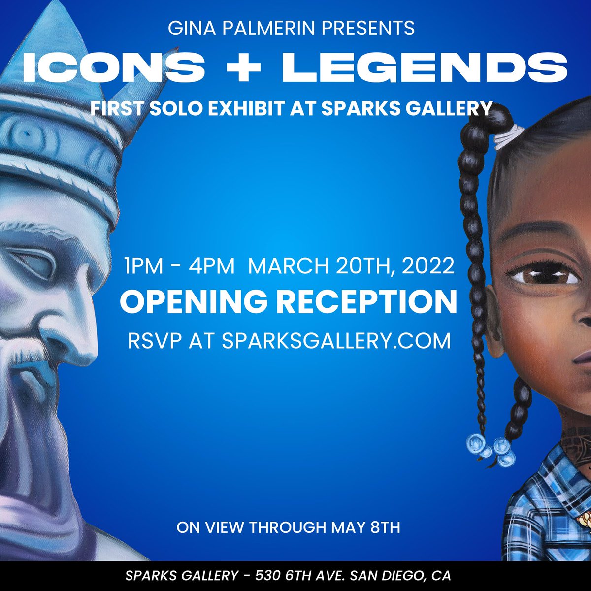 GinaPalmerinArt's tweet photo. This Sunday I will have my first solo exhibit featuring “Icons and Legends” at Sparks Gallery downtown San Diego. 
Let’s meet IRL!!! 
💙Please RSVP💙 https://t.co/Xbm0iGBExk