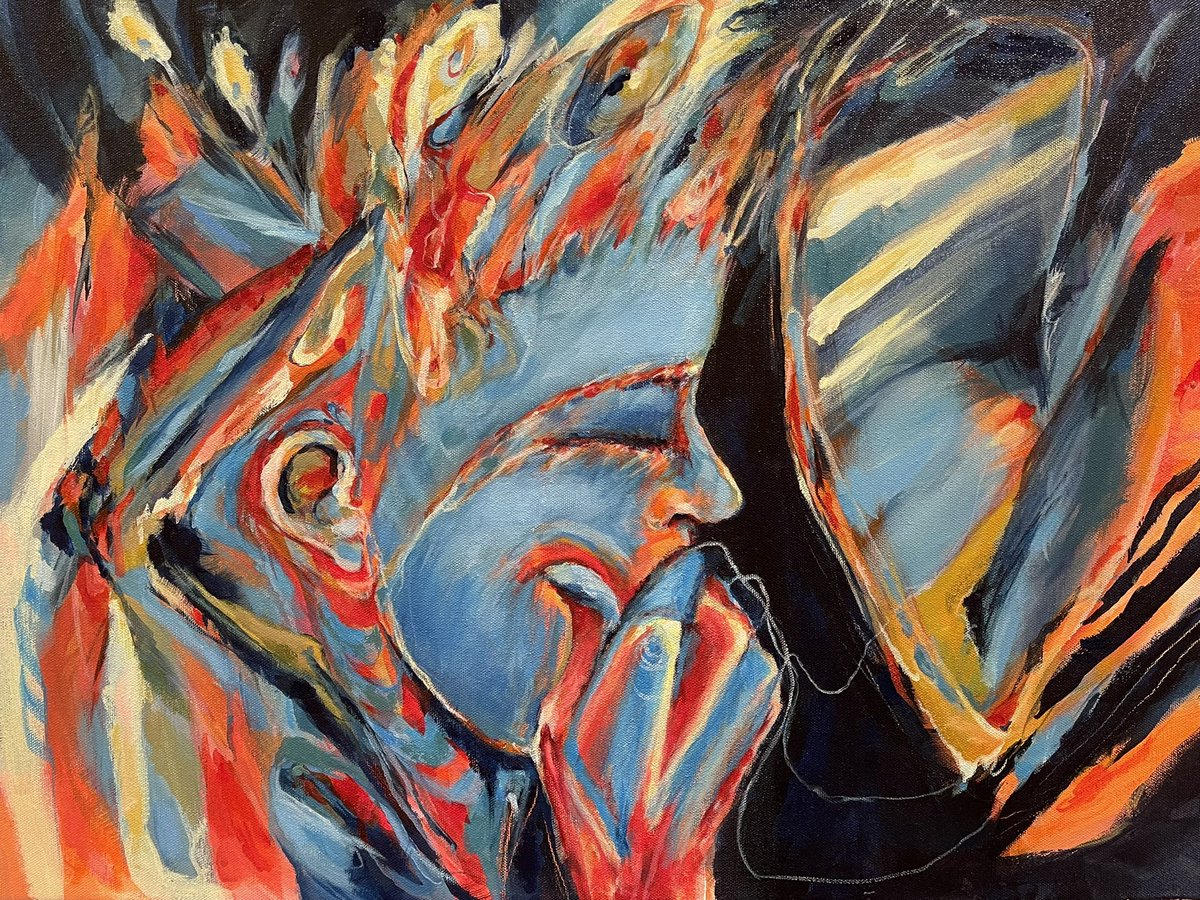 CatieConrad's tweet photo. Finally “Sensing through Uncertainty” is finished. It is a 24x18in #acrylicpainting that as it led me into a very personal sphere, I had to step back and regroup a number of times. Proud that I completed the challenge, though! 👩‍🎨🎨
#abstractart
#abstractpainting https://t.co/58SZIO8a2k