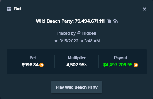 StakeHits's tweet image. Another Stake Casino Hit!!
Game: Wild Beach Party 
Bet: $998.84 
Win: $4,497,709.95
Multiplier: 4,502.95×
To view this big win or play this game stake.com/casino/home?ii…