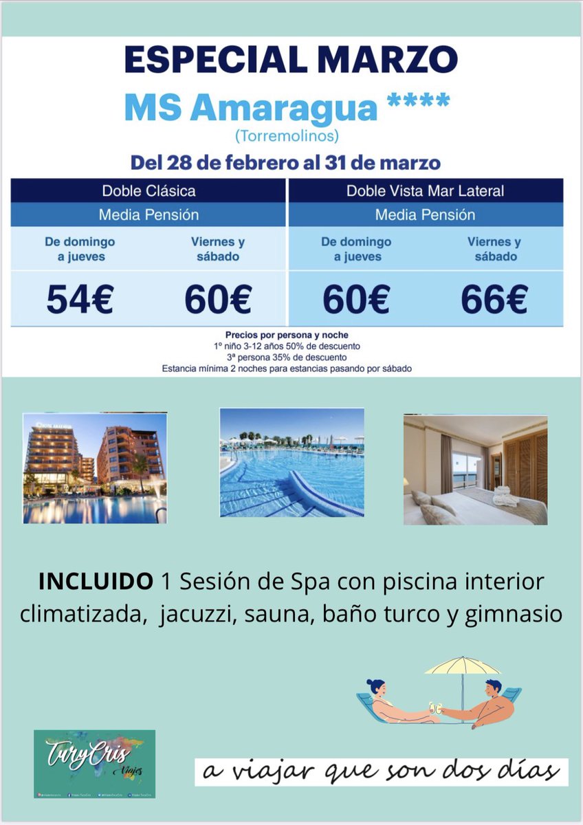 ViajesTuryCris's tweet image. ‼️PARA EL DÍA DEL PADRE, REGALA EXPERIENCIAS‼️

⏩Porque nunca se olvidan
⏩Porque se pueden compartir 
⏩Porque son necesarias
⏩Porque si 

➡️ Podéis consultar sin compromiso en el 📲628733335 o por 💻 info@viajesturycris.com
📍Avda. Mar Mediterráneo 79, Valdemoro - Madrid