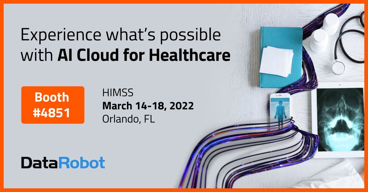 Join us tomorrow onsite at #HIMSS22 and sign up for a private demo of <a href="/DataRobot/">DataRobot</a> #AICloud. Discover how DataRobot addresses the biggest challenges within #healthcare organizations with #AI bit.ly/3hjDfW0
#smartHIT #DigitalHealth | Booth 4851