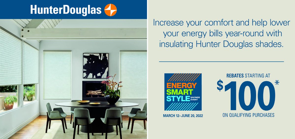 BlindscapesNM's tweet photo. Increase your comfort and help lower your energy consumption with Hunter Douglas window treatments! When you shop the Energy Smart Style savings event, you can receive rebates starting at $100! This promotion will be running March 12 - June 20, 2022.

#HunterDouglas https://t.co/i2PCC2nPEJ