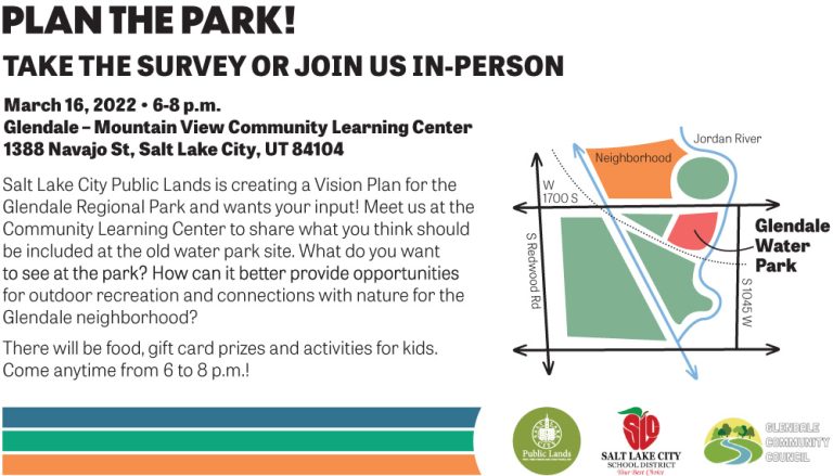 UNPSLC's tweet photo. Plan the Park! Join the community conversation and learn more about Salt Lake City Public Lands' planning for the former Glendale water park site. #westsideslc https://t.co/yWsN1RTKyA