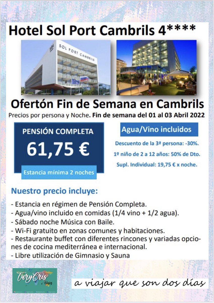 ViajesTuryCris's tweet image. ‼️PARA EL DÍA DEL PADRE, REGALA EXPERIENCIAS‼️

⏩Porque nunca se olvidan
⏩Porque se pueden compartir 
⏩Porque son necesarias
⏩Porque si 

➡️ Podéis consultar sin compromiso en el 📲628733335 o por 💻 info@viajesturycris.com
📍Avda. Mar Mediterráneo 79, Valdemoro - Madrid