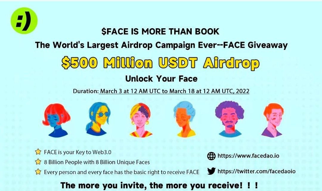 New Airdrop: FaceDao Airdrop
Reward: 2 Mil $FACE
Distribution date 3 March

🔗Airdrop Link: gleam.io/VHL6d/face-is-…

- Complete all tasks of the airdrop
- Download Android or IOS APP
- This is for all eligible participants
- Please submit the ETH address from the FaceDao APP