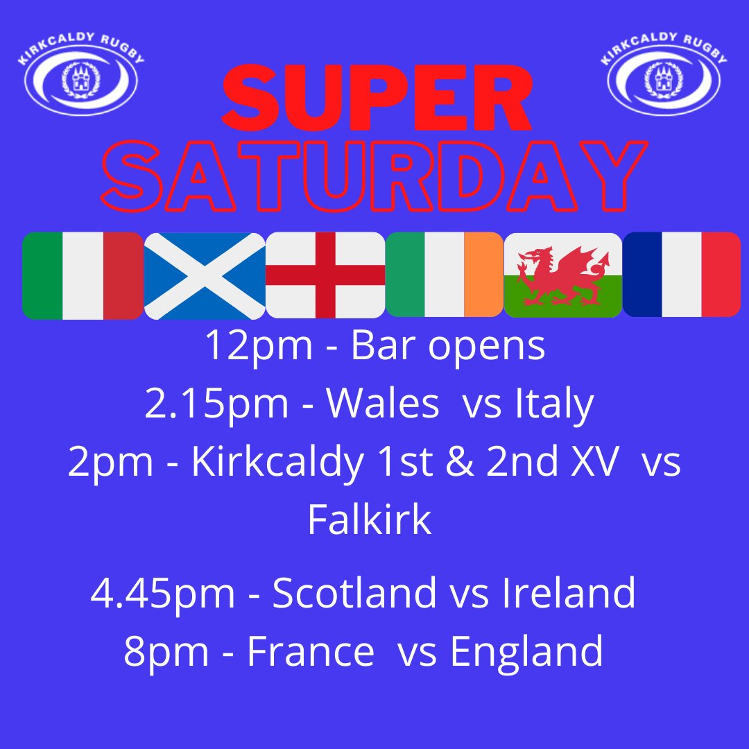 kirkcaldyrugby's tweet photo. Whoβs ready for an action packed day of live rugby and international rugby on the big screen at KRFC ?π΅π΄ #MonBlues #Localrugbyclub #Bigscreen #Sixnations https://t.co/mU19PhYIGD