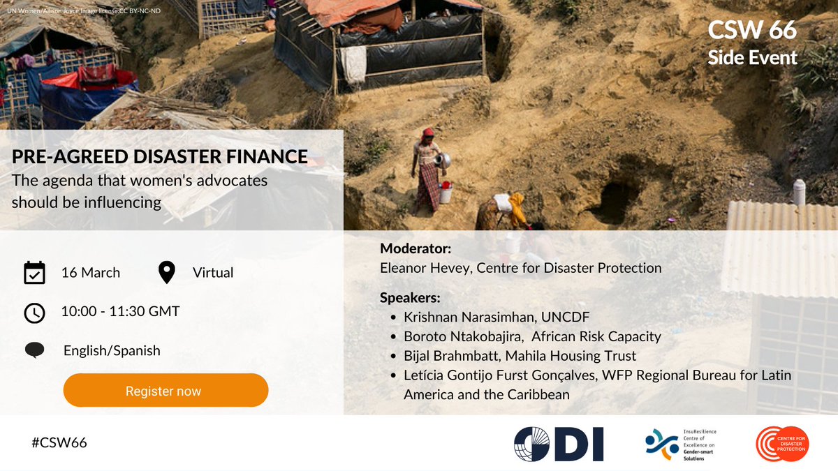 InsuResilience's tweet photo. 📢Save the date! Join us at #CSW66 event on Wednesday as our panel of experts from #APAC #Africa and #LAC unpack how to work together to drive #gender-responsive and #inclusive disaster risk finance @ODI_Global @CentreForDP #CDRFI
To register: https://t.co/kAe8I7j2VW https://t.co/VLNInzfZ9G