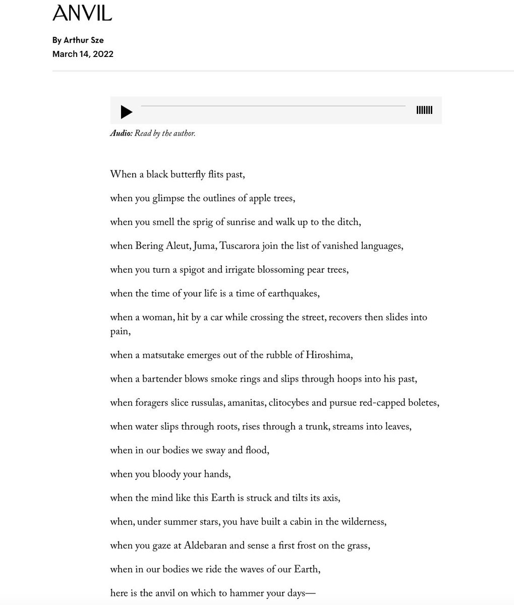 tony_taddei's tweet photo. A poem from this week's New Yorker, "Anvil" by Arthur Sze, (read during my pre-writing poetry "dive" this morning). The last line of this, after all that comes before it, just knocks me out: "here is the anvil on which to hammer your days"

https://t.co/wU9KwgwMLT https://t.co/wlIGQXcwfL
