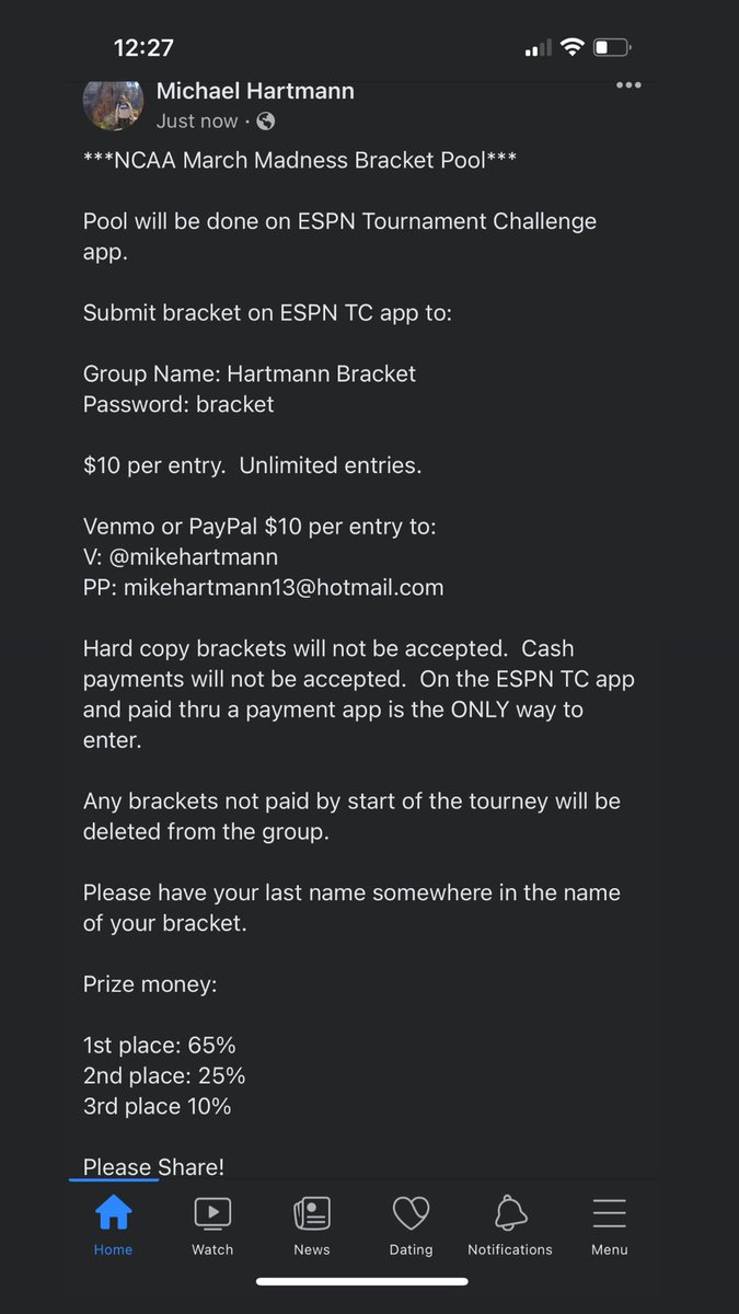 March Madness pool.  See below for info.