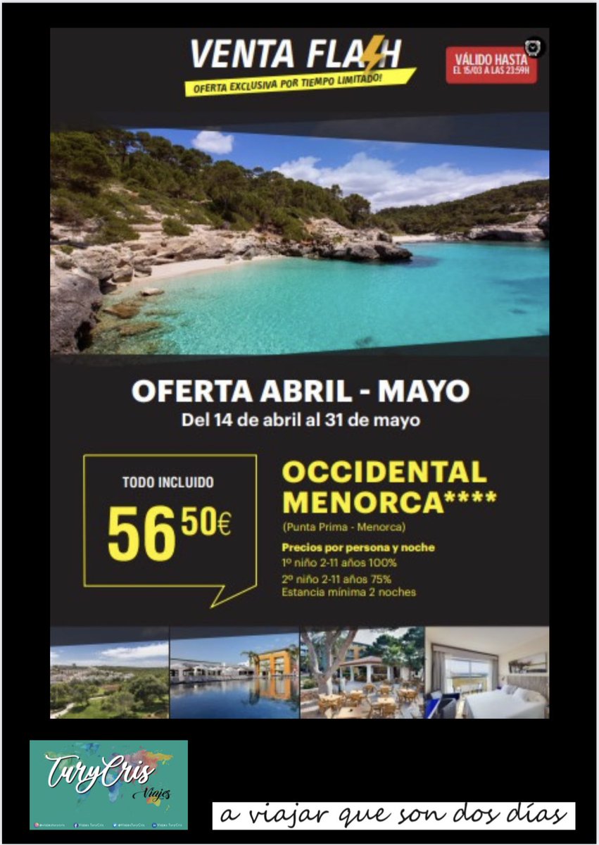 ViajesTuryCris's tweet image. ⚡️ OFERTAS FLASH 

➡️ Podéis consultar sin compromiso en el 📲628733335 o por 💻 info@viajesturycris.com
📍Avda. Mar Mediterráneo 79, Valdemoro - Madrid

#viajesturycris #aviajarquesondosdías