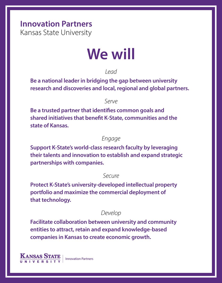 KStateIP's tweet photo. Our team is spring aligning — as well as cleaning. Check out our guiding "We Will" statements inspired by @KStateResearch's.
#KState #TechnologyCommercialization #CorporateEngagement #EconomicDevelopment https://t.co/Z7m353XM6o