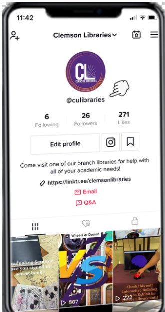 Add Clemson libraries on their TikTok page, and don't miss out on some fantastic videos featuring some Clemson students and faculty!