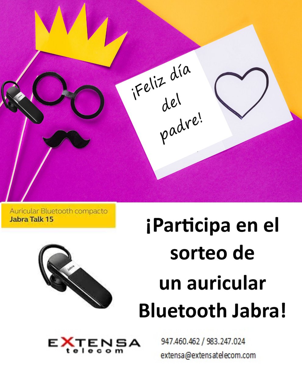 Extensa_Telecom's tweet photo. Para celebrar el día del padre vamos a sortear un auricular Bluetooth Jabra Talk 15.
Solo tienes que darnos me gusta ❤️y compartir 🔁esta publicación en tu muro antes del día 19 de marzo. https://t.co/pUCOxVwrmV
