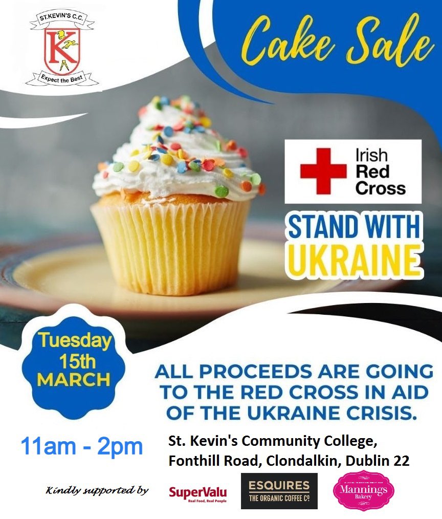 stkevinscc1's tweet photo. Reminder of bake sale Tuesday 15th March, 11-2pm with proceeds going to help those affected by the war in Ukraine. Students, parents/guardians and all from the local community welcome. Supported by @ManningsBakery @EsquiresCoffee and @SuperValuIRL @ddletb https://t.co/WEgkr5sJsW