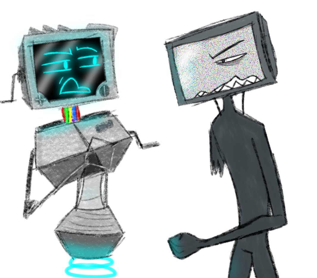 QuiteSinply's tweet photo. Hey look I drew P03 again but this time, it's with my old monitor head oc named Arlo. Arlo wants to punch P03 cause it called them a "cringe gamer"

#P03 #Inscryption #inscryptionfanart #InscryptionP03 #oc #monitorhead #scribblescribble https://t.co/ho0t70jC6O
