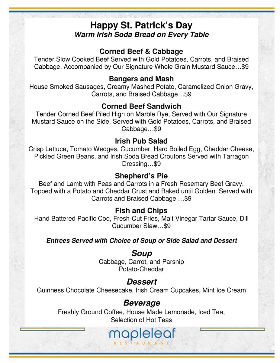 Maplewood_CC's tweet photo. Bangers &amp; Mash and Shepherd's Pie! Come sample the best of Irish cuisine, this week at the Mapleleaf Restaurant. Wednesday-Friday, 10:20 am - 12:30. https://t.co/4jMSjFkGtS