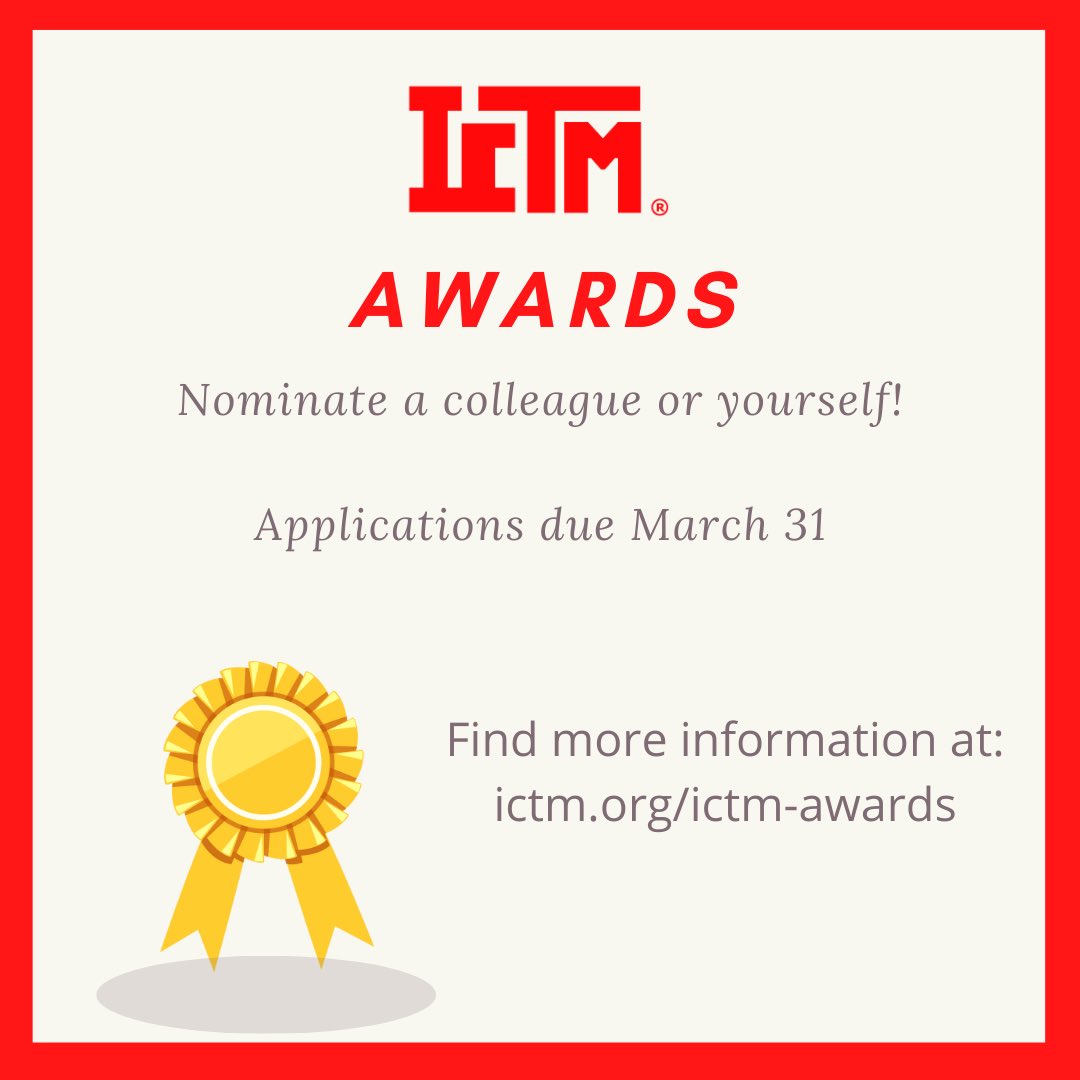 It's nomination time!
Each year ICTM honors up to nine individual educators in IL for different awards. Which of your colleagues would you love to see recognized for their hard work and dedication? ictm.org/ictm-awards