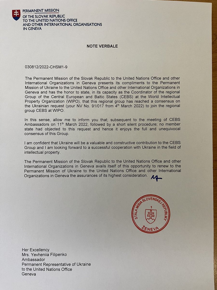 MatulayDusan's tweet photo. 🇺🇦 just became the 19 member state of Central European regional group at @WIPO leaving previous regional group where 🇷🇺 is a member too. Consequent move in light of the 🇷🇺 aggression.
Small but concrete positive message showing the solidarity of international community https://t.co/sPXaGkkntJ
