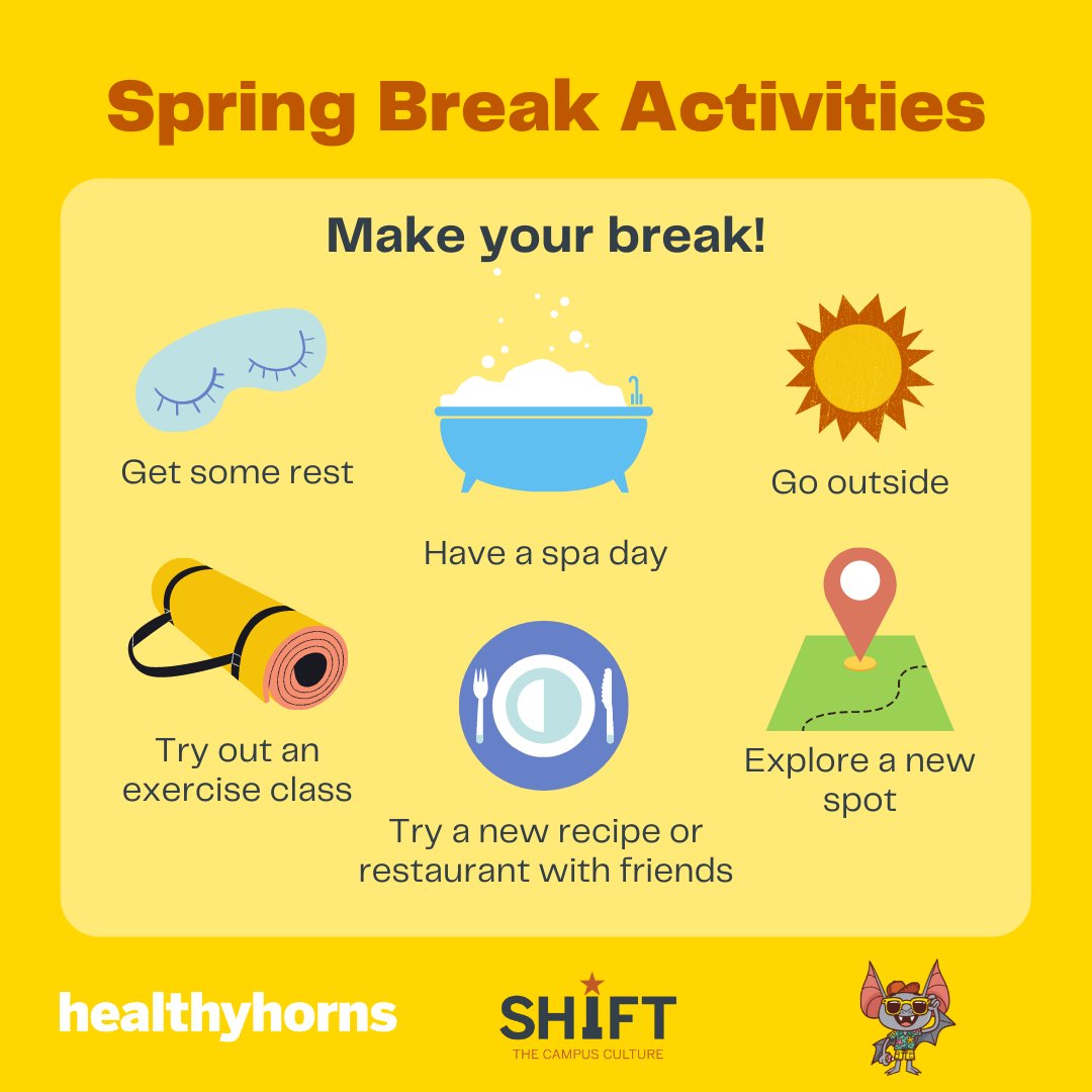 Healthyhorns's tweet photo. Make your break, your way! No matter what your plans are, seek out activities that you find enjoyable and relaxing. #makeyourbreak https://t.co/0pTFdgw9Wp