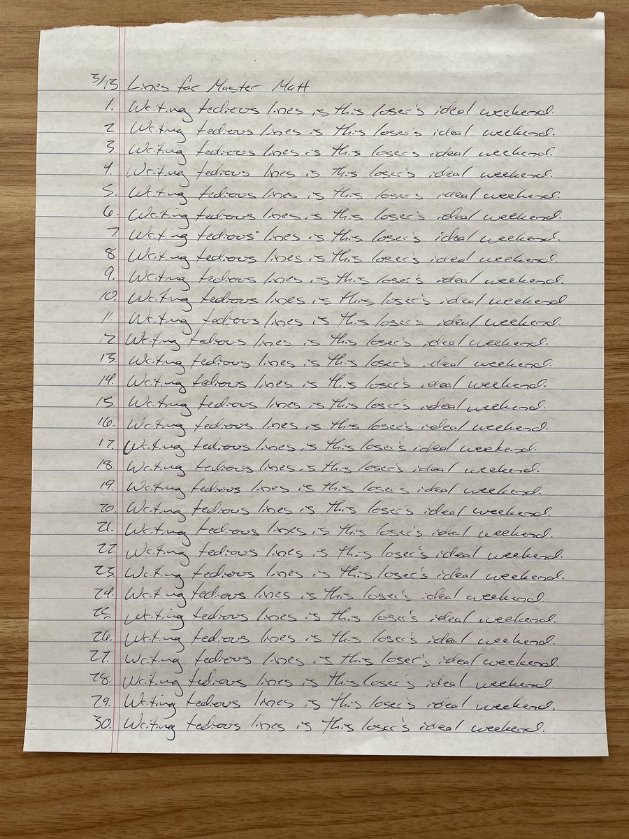 MasterMattLines's tweet photo. 2. I know it doesn't look particularly cruel, but this sub had to hold each page to the wall with his nose for 15 minutes. If it fell, then the page would need to be rewritten. 

I'd call 90 minutes writing and 75 in the corner a productive day.

#linewriting #writinglines #bdsm https://t.co/Dcr3StQk7A