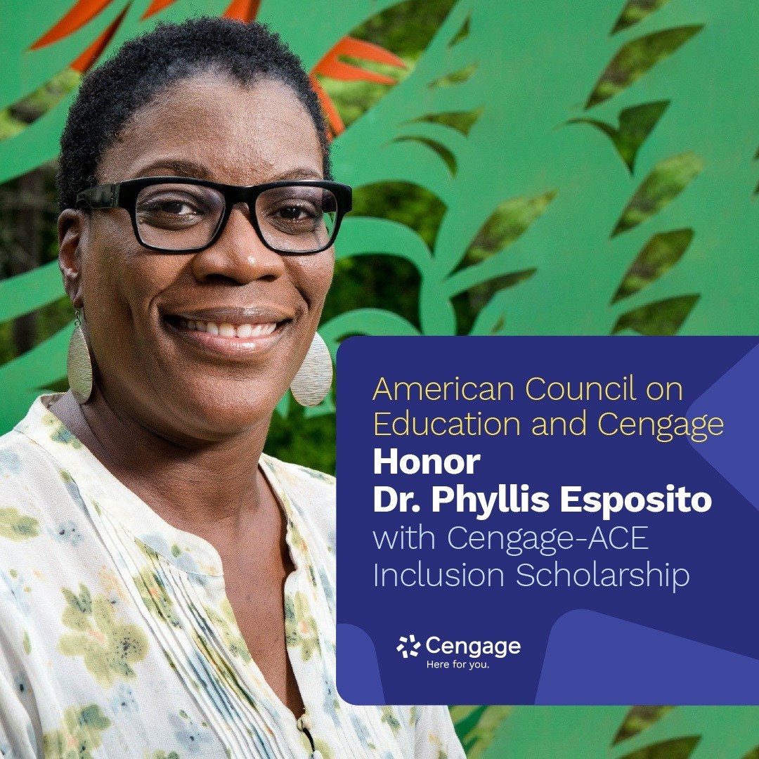 ACEducation's tweet photo. Congratulations to Dr. Phyllis Esposito, Vice President of Diversity, Equity and Inclusion at @EverettCC on receiving the Cengage–ACE Inclusion Scholarship! @CengageLearning  https://t.co/m1bF3SCT4z https://t.co/fytdX5WkuF