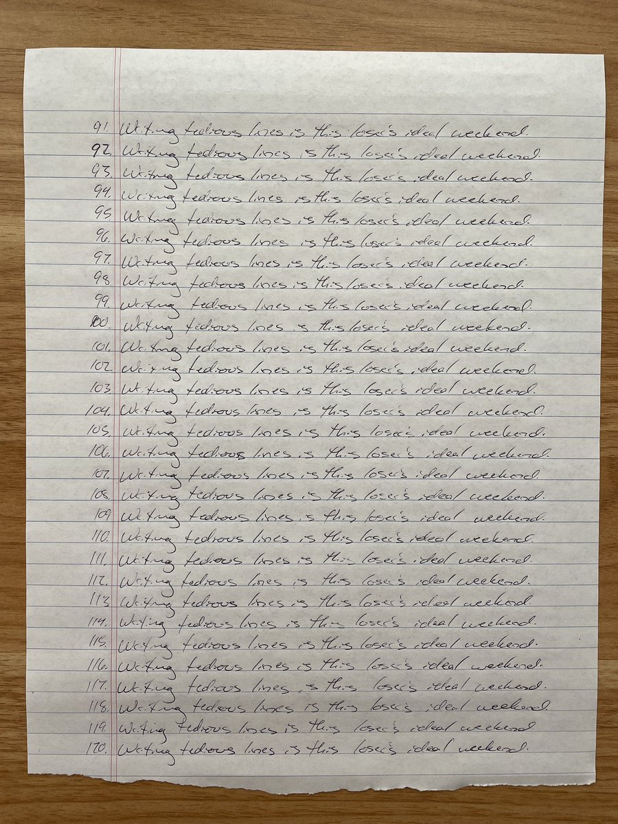 MasterMattLines's tweet photo. 2. I know it doesn't look particularly cruel, but this sub had to hold each page to the wall with his nose for 15 minutes. If it fell, then the page would need to be rewritten. 

I'd call 90 minutes writing and 75 in the corner a productive day.

#linewriting #writinglines #bdsm https://t.co/Dcr3StQk7A